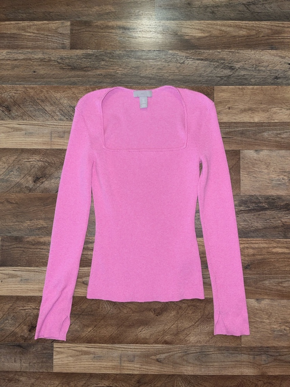 H&M Women's Square Neck Bubblegum Link Long Sleeve Ribbed Sweater/Top size M